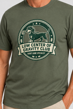 Man wearing white t-shirt with dachshund golf Low Center of Gravity print