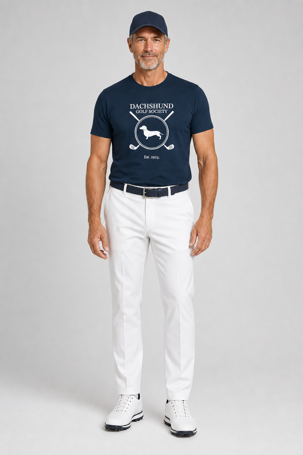 Woman wearing white dachshund golf society t-shirt