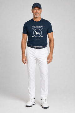 Woman wearing white dachshund golf society t-shirt