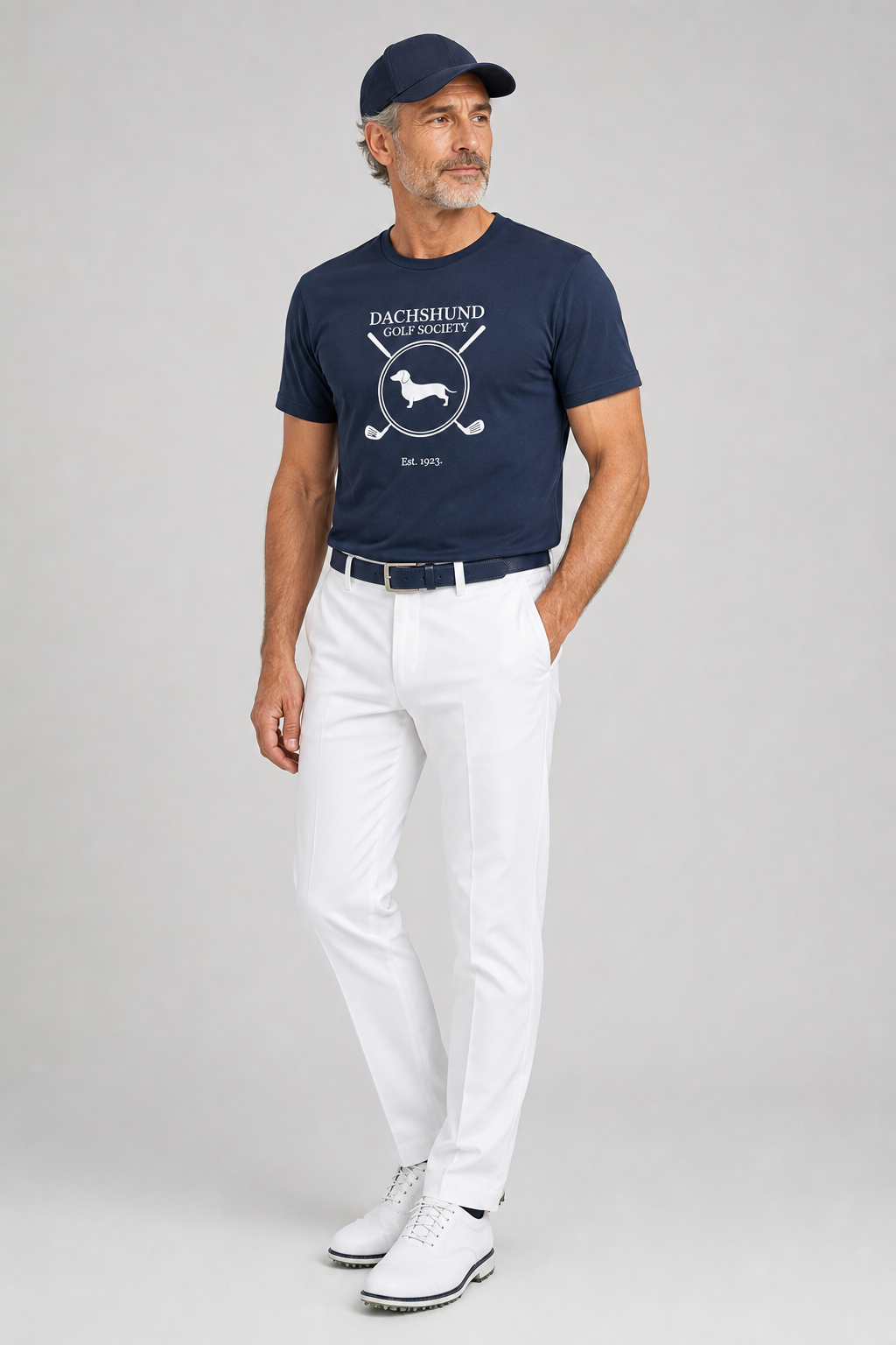 White dachshund golf society t-shirt with dachshund print, unisex crew neck