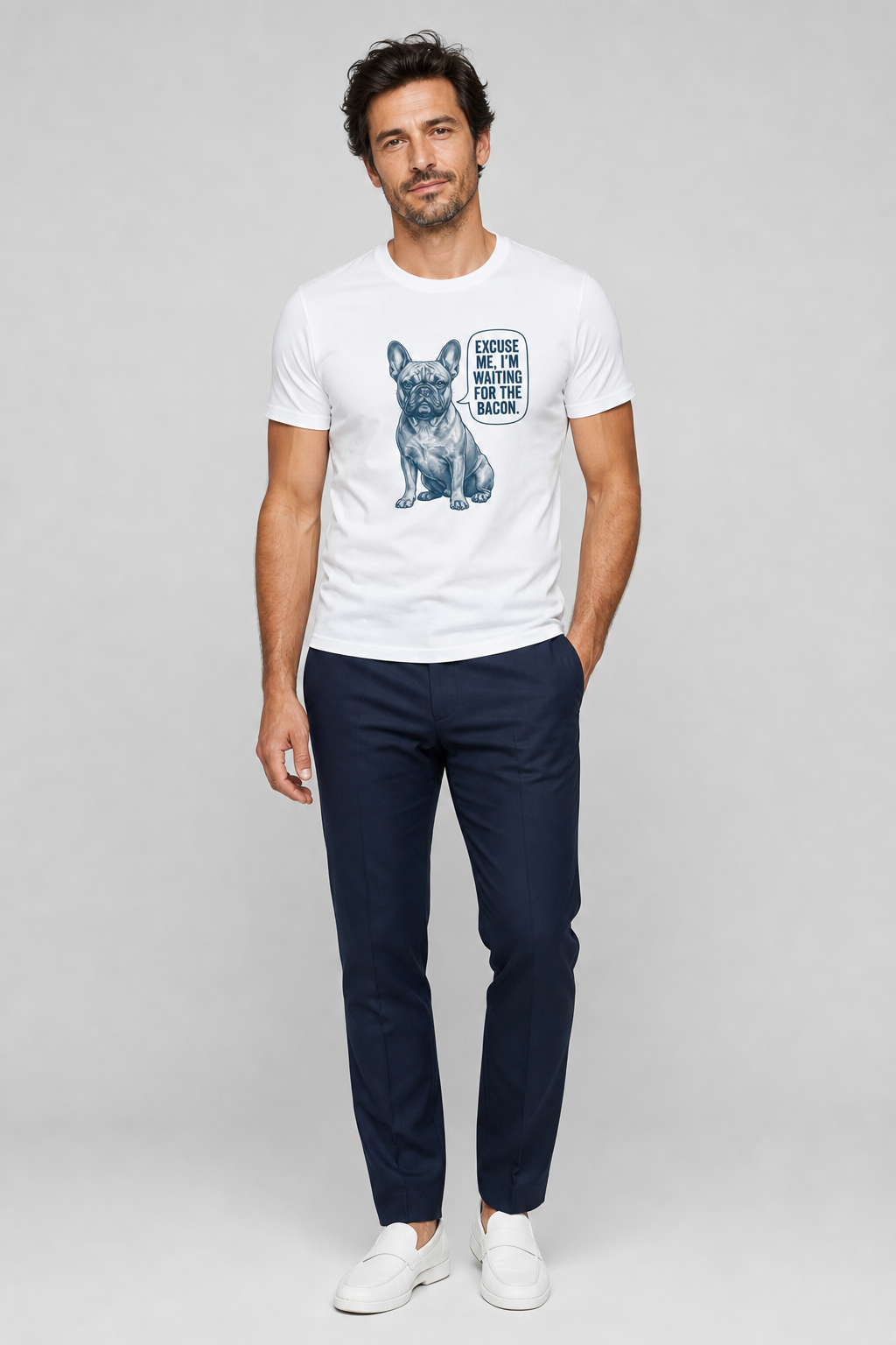 White t-shirt with Excuse Me I'm Waiting for the Bacon french bulldog print, unisex crew neck