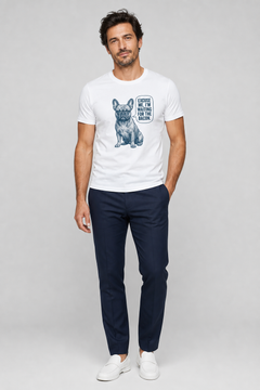 White t-shirt with Excuse Me I'm Waiting for the Bacon french bulldog print, unisex crew neck