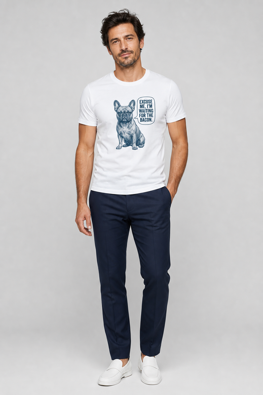 White t-shirt with Excuse Me I'm Waiting for the Bacon french bulldog print, unisex crew neck