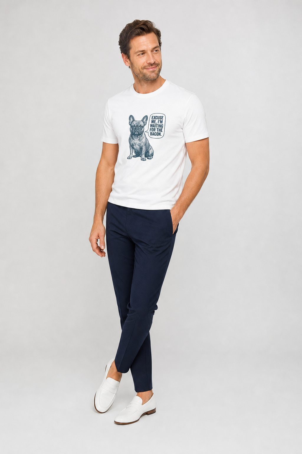 Woman wearing white I'm Waiting for the Bacon french bulldog t-shirt