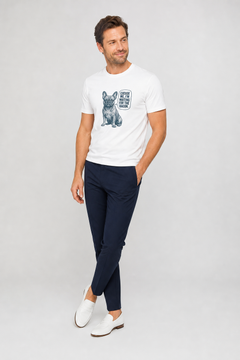 Woman wearing white I'm Waiting for the Bacon french bulldog t-shirt