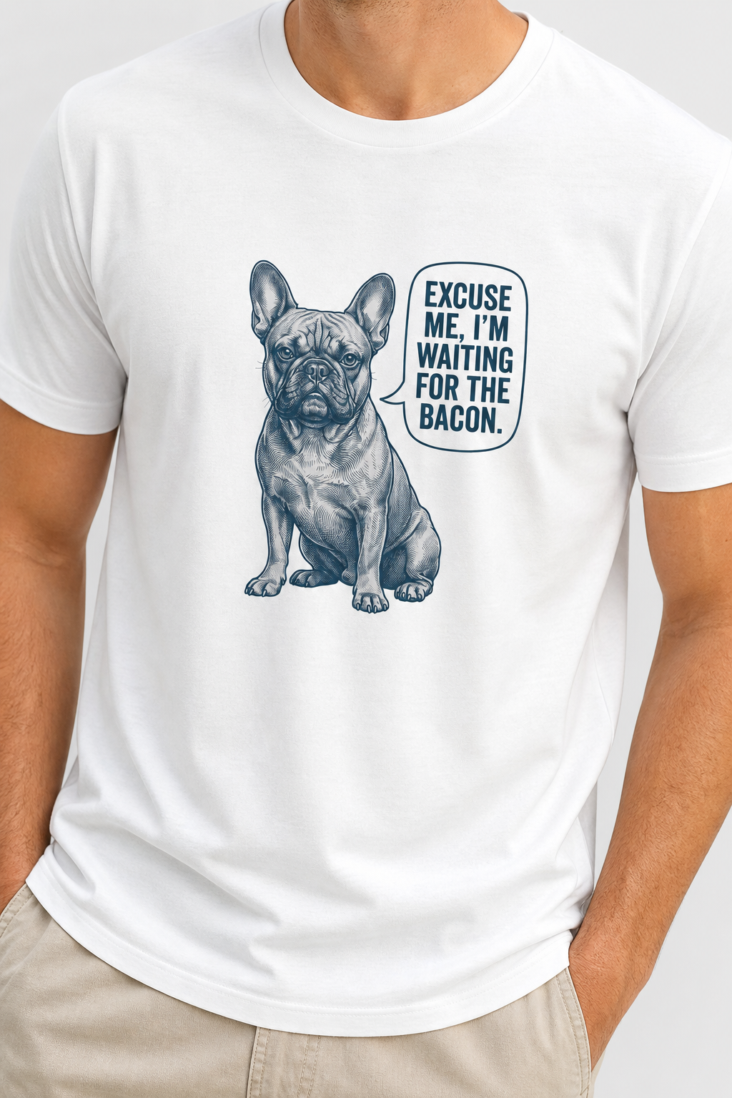 Man wearing white t-shirt with Waiting for the Bacon print