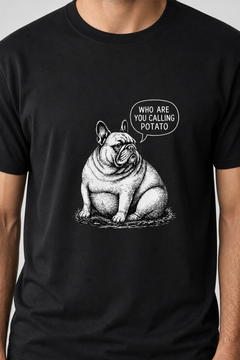 Man wearing white t-shirt with Who Are You Calling Potato print