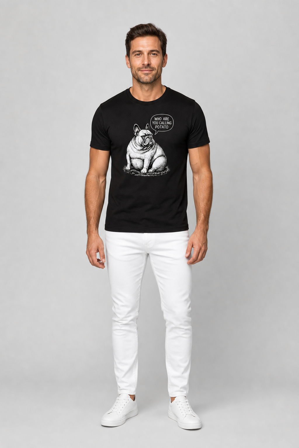 White t-shirt with Who Are You Calling Potato french bulldog print, unisex crew neck