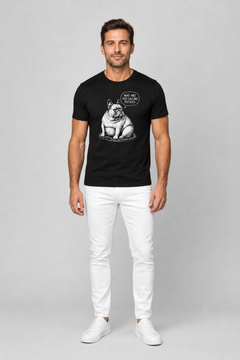 White t-shirt with Who Are You Calling Potato french bulldog print, unisex crew neck