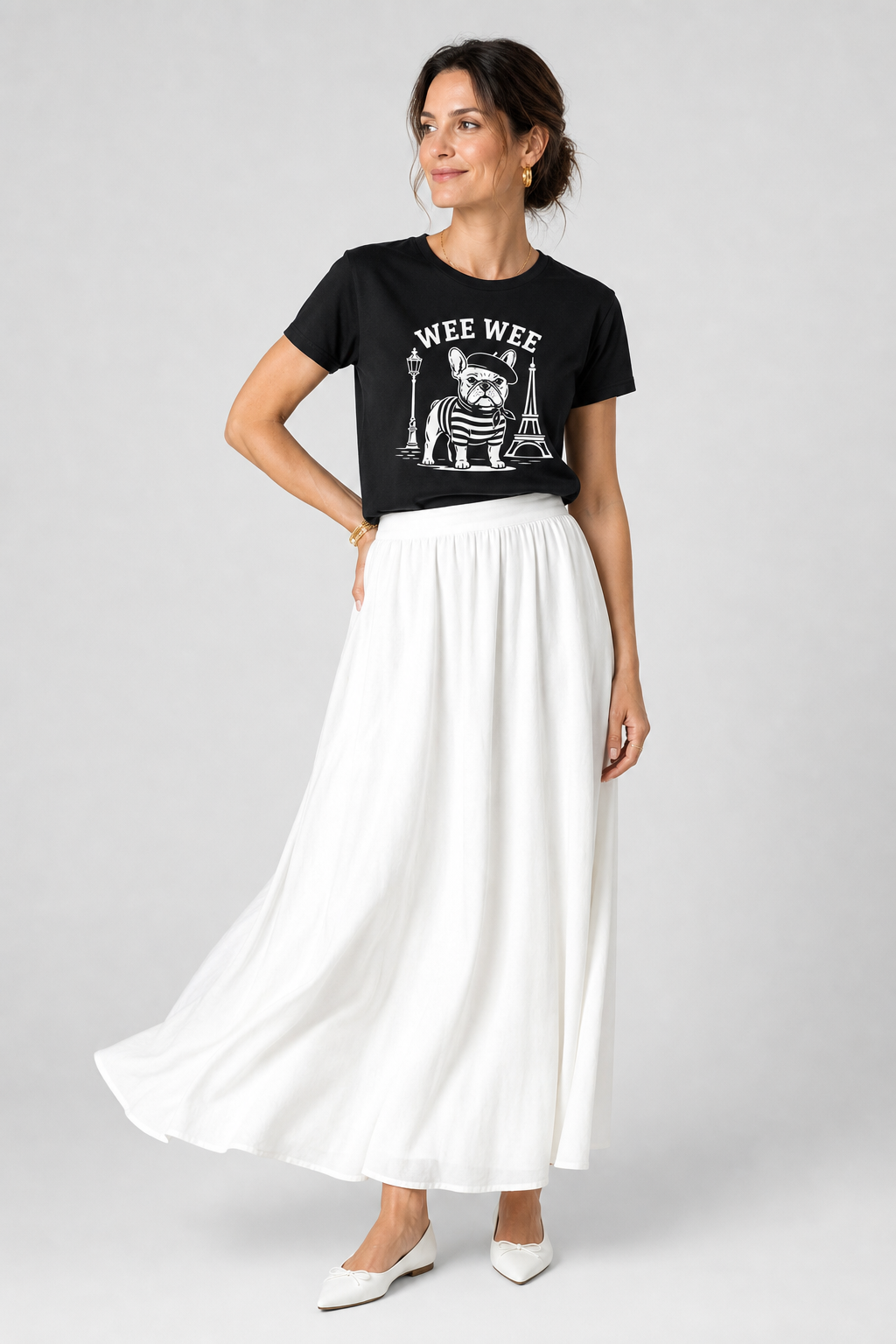 Woman wearing white Wee Wee Parisian french bulldog t-shirt