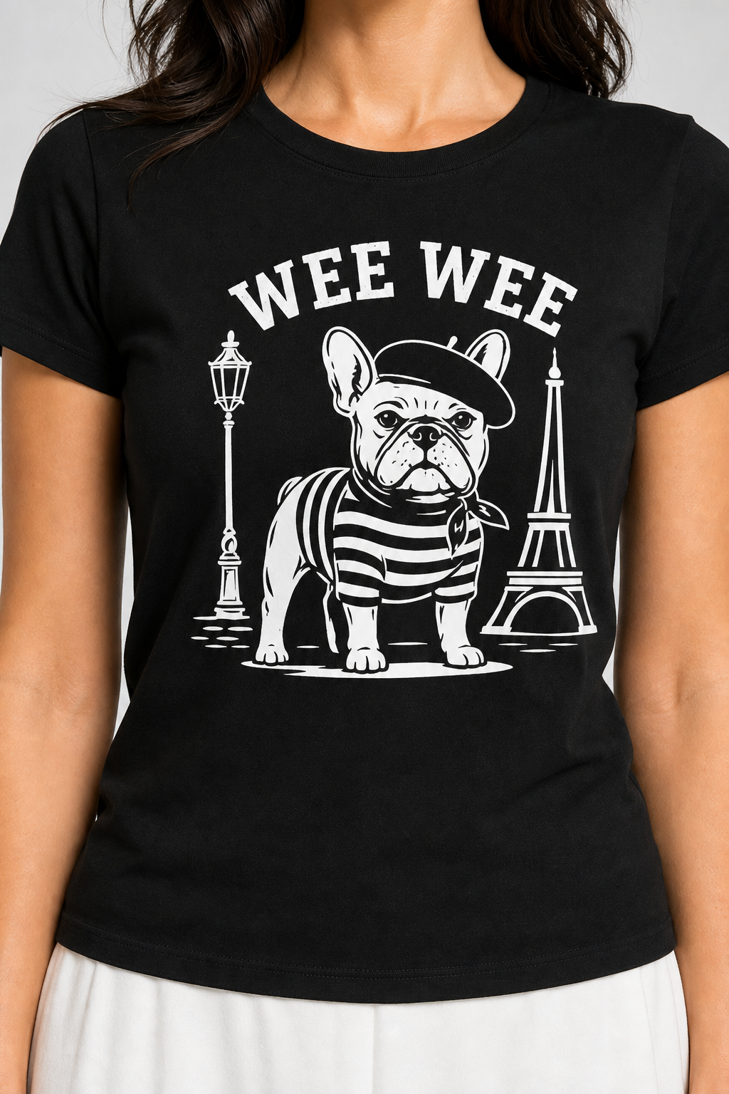 Man wearing white t-shirt with Wee Wee Parisian french bulldog print