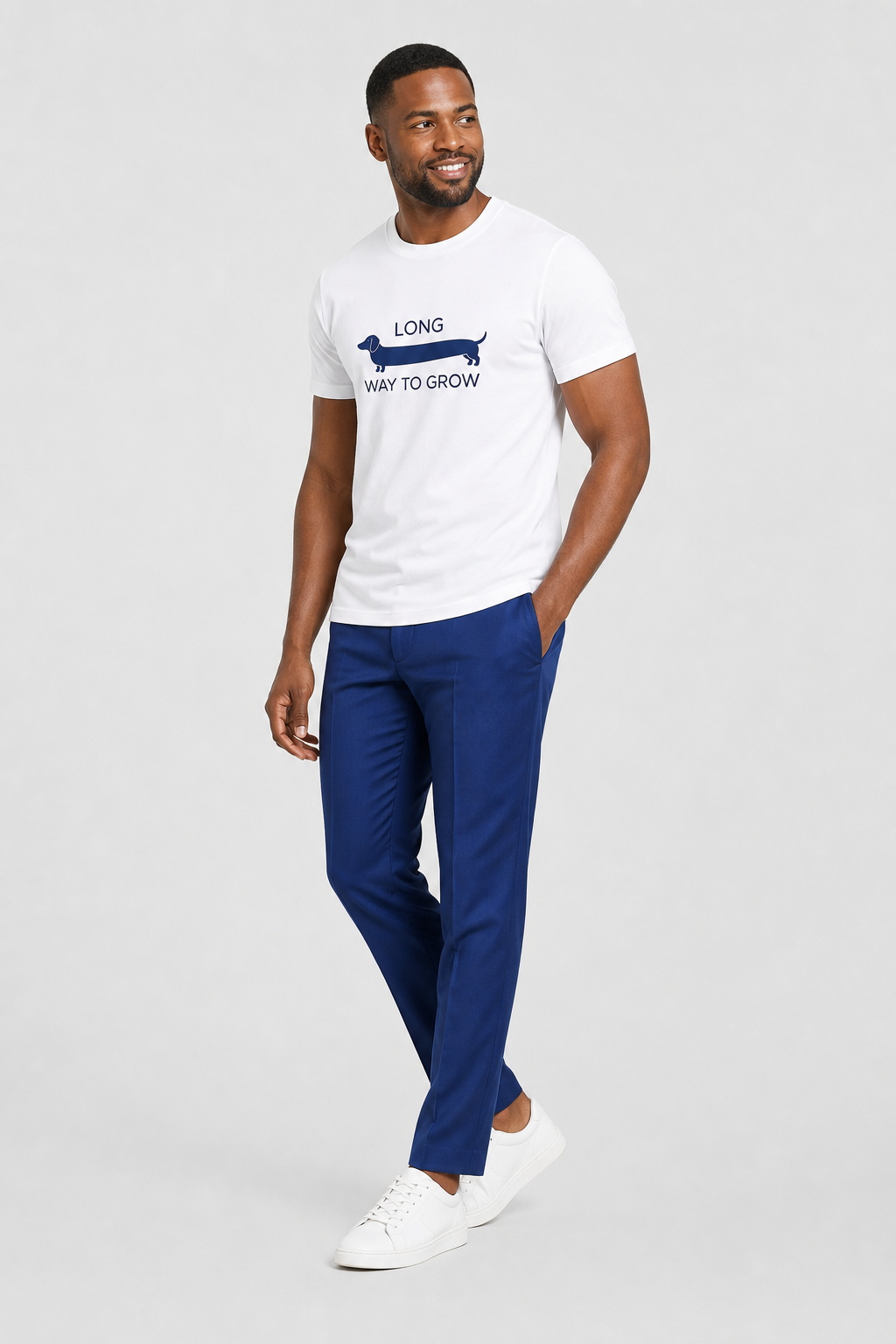 White t-shirt with Long Way to Grow dachshund print, unisex crew neck
