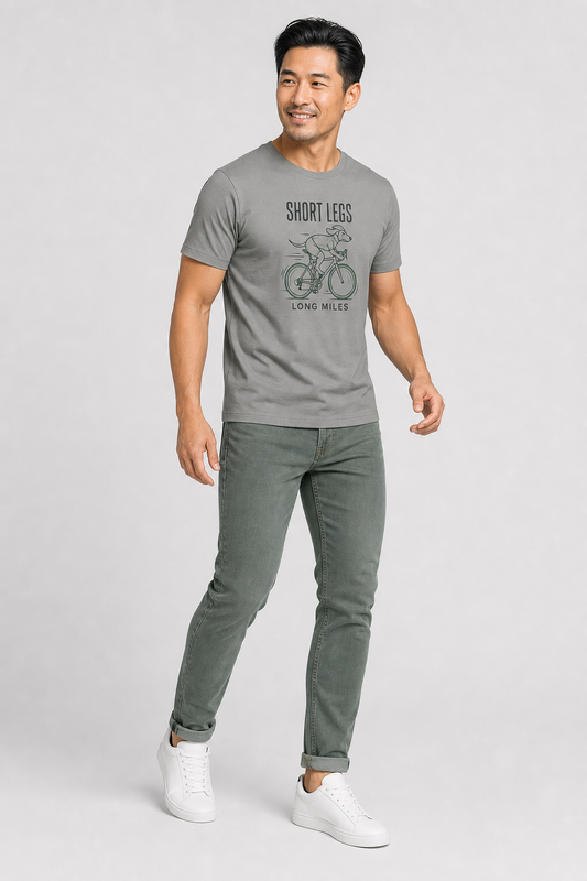 Woman wearing white Short Legs Long Miles dachshund cycling t-shirt