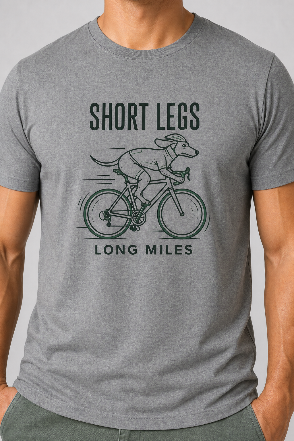 Man wearing white t-shirt with Short Legs Long Miles dachshund print