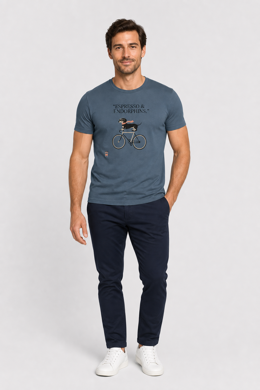 White t-shirt with dachshund on bicycle coffee print, unisex crew neck