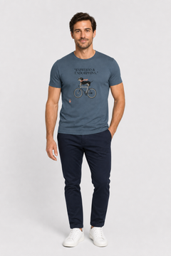 White t-shirt with dachshund on bicycle coffee print, unisex crew neck