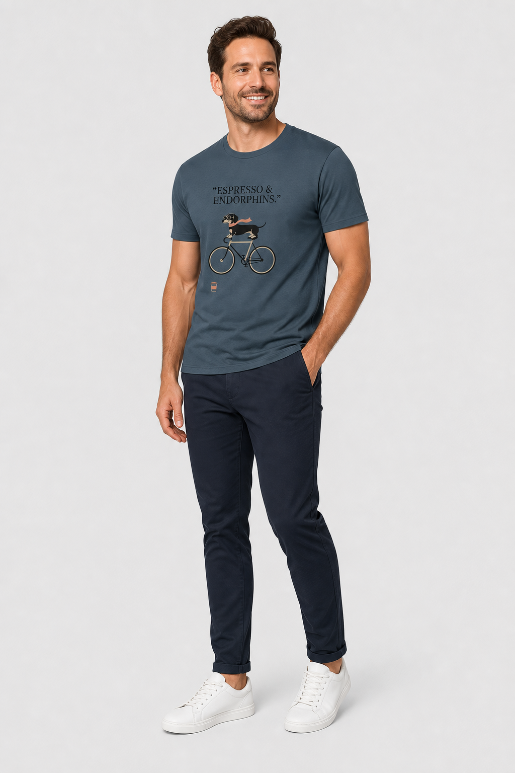 Woman wearing white dachshund bicycle coffee t-shirt