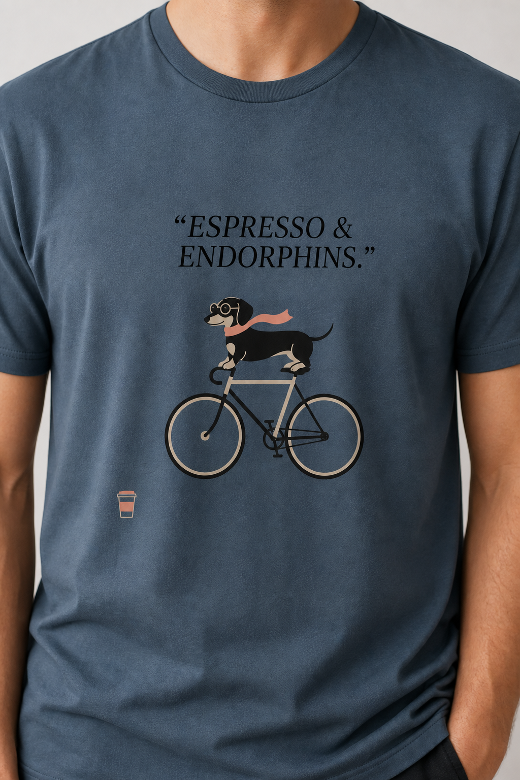 Man wearing white t-shirt with dachshund on bicycle print
