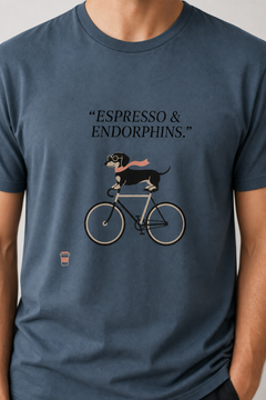 Man wearing white t-shirt with dachshund on bicycle print