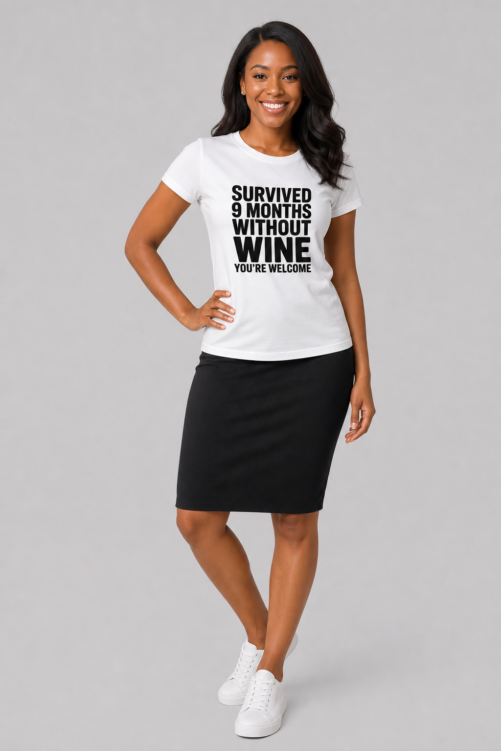 White t-shirt with Survived 9 Months Without Wine You're Welcome print, unisex crew neck