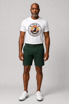 Woman wearing white t-shirt with french bulldog golf retro print
