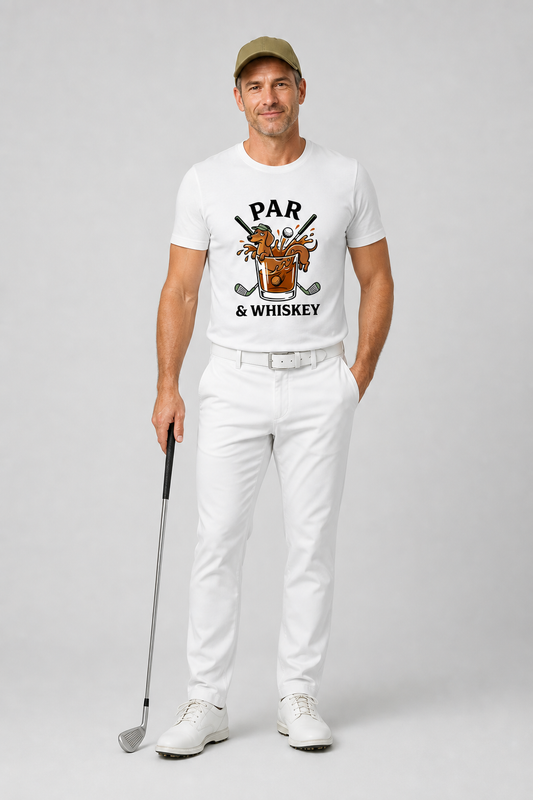 White t-shirt with dachshund golf par and whiskey print, unisex crew neck