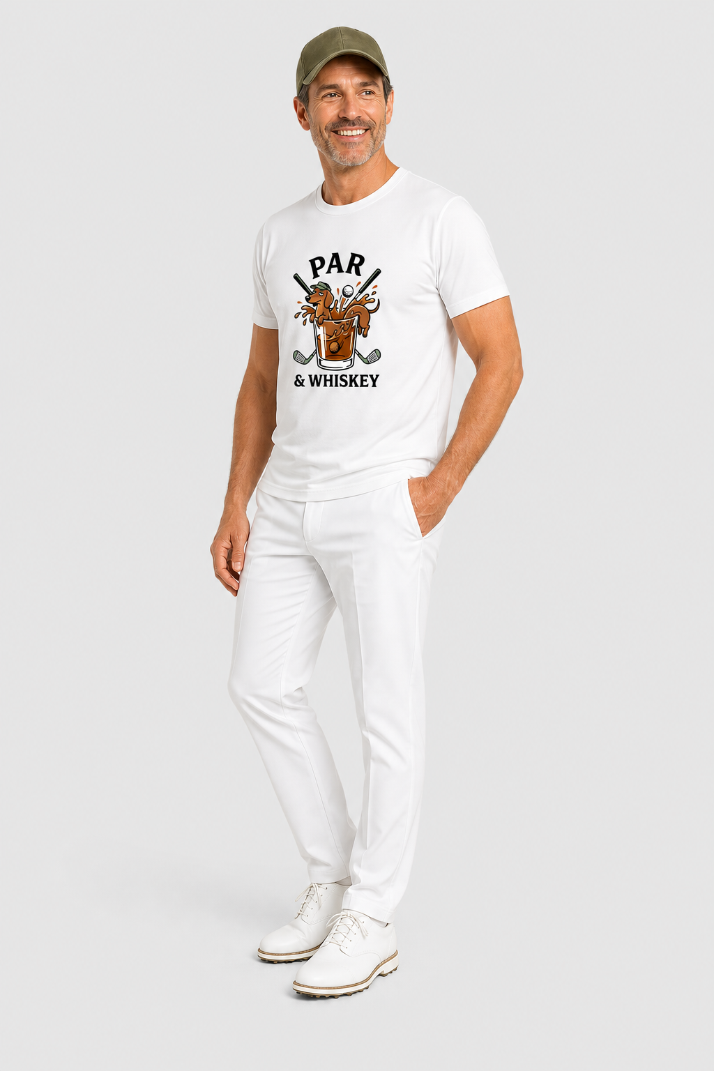 Woman wearing white t-shirt with dachshund golf par and whiskey print