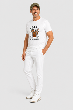 Woman wearing white t-shirt with dachshund golf par and whiskey print
