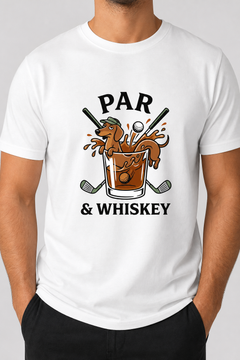 Man wearing white t-shirt with dachshund golf par and whiskey print