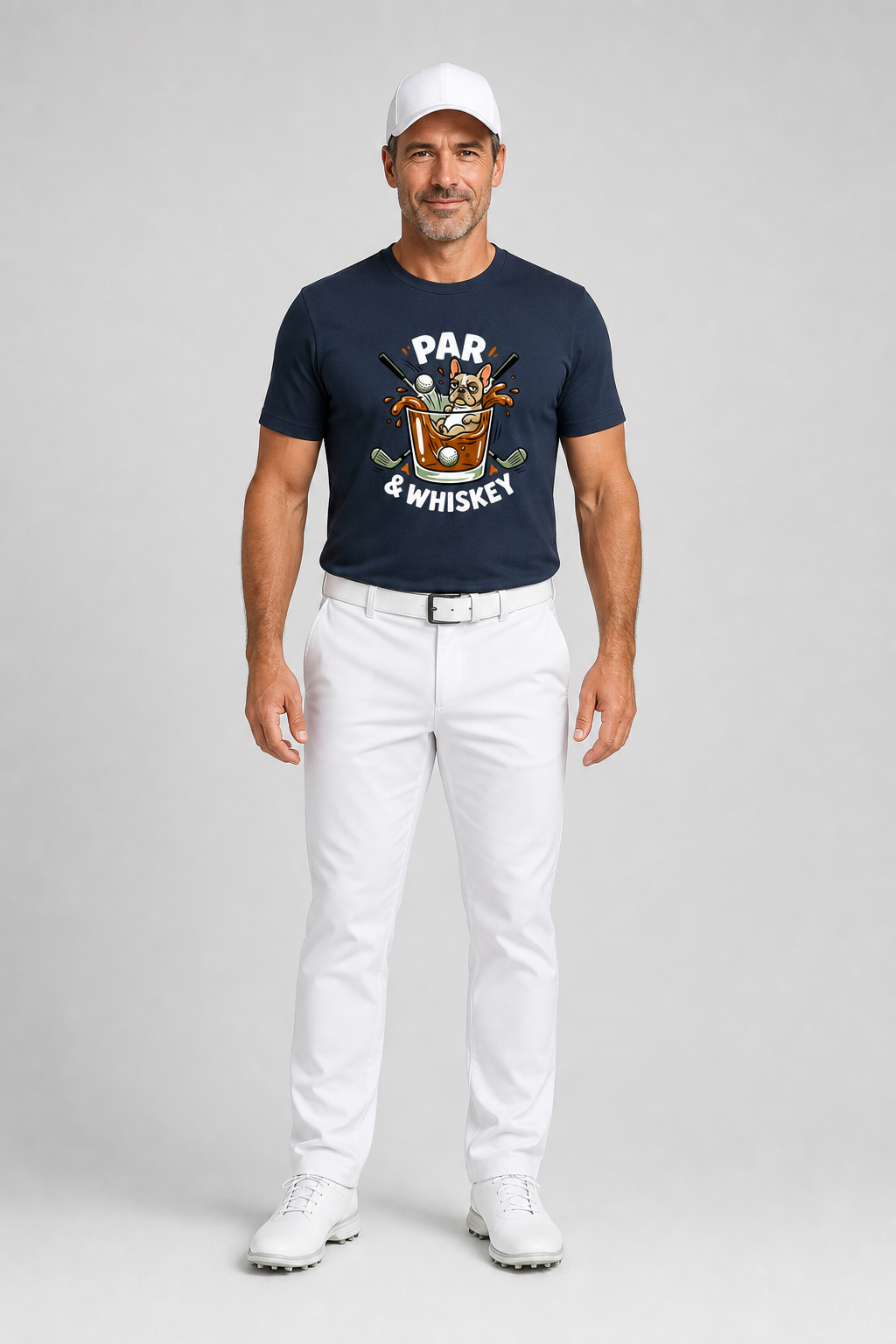 Man wearing a navy t-shirt with a graphic design and white pants on a gray background