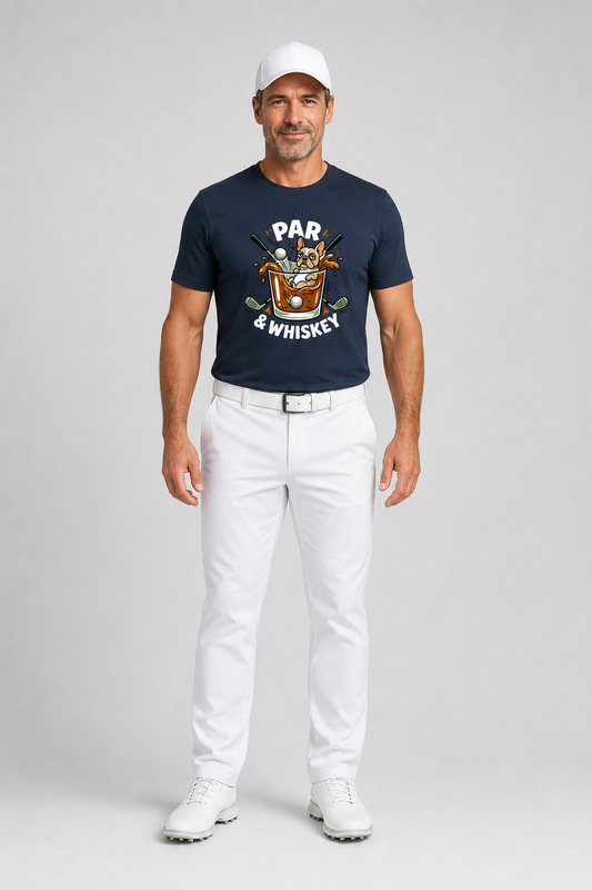 Golfer in navy Corgi Par and Whiskey t-shirt, full body view