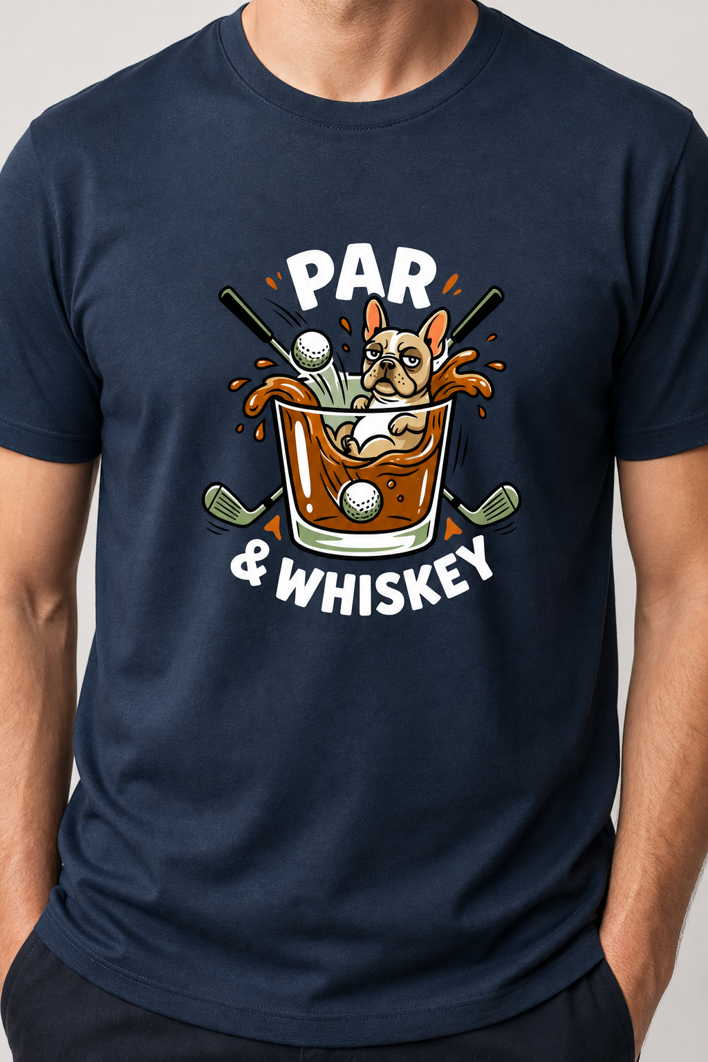 Navy blue t-shirt with a graphic of a dog in a glass of whiskey and text 'PAR & WHISKEY' on a plain background.