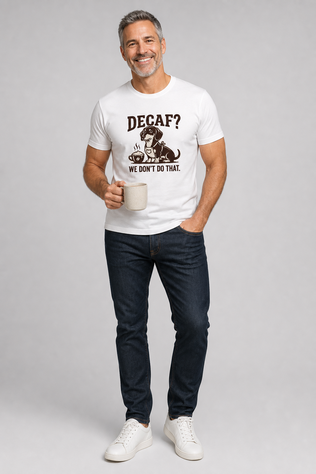 Woman wearing white Decaf We Don't Do That dachshund t-shirt