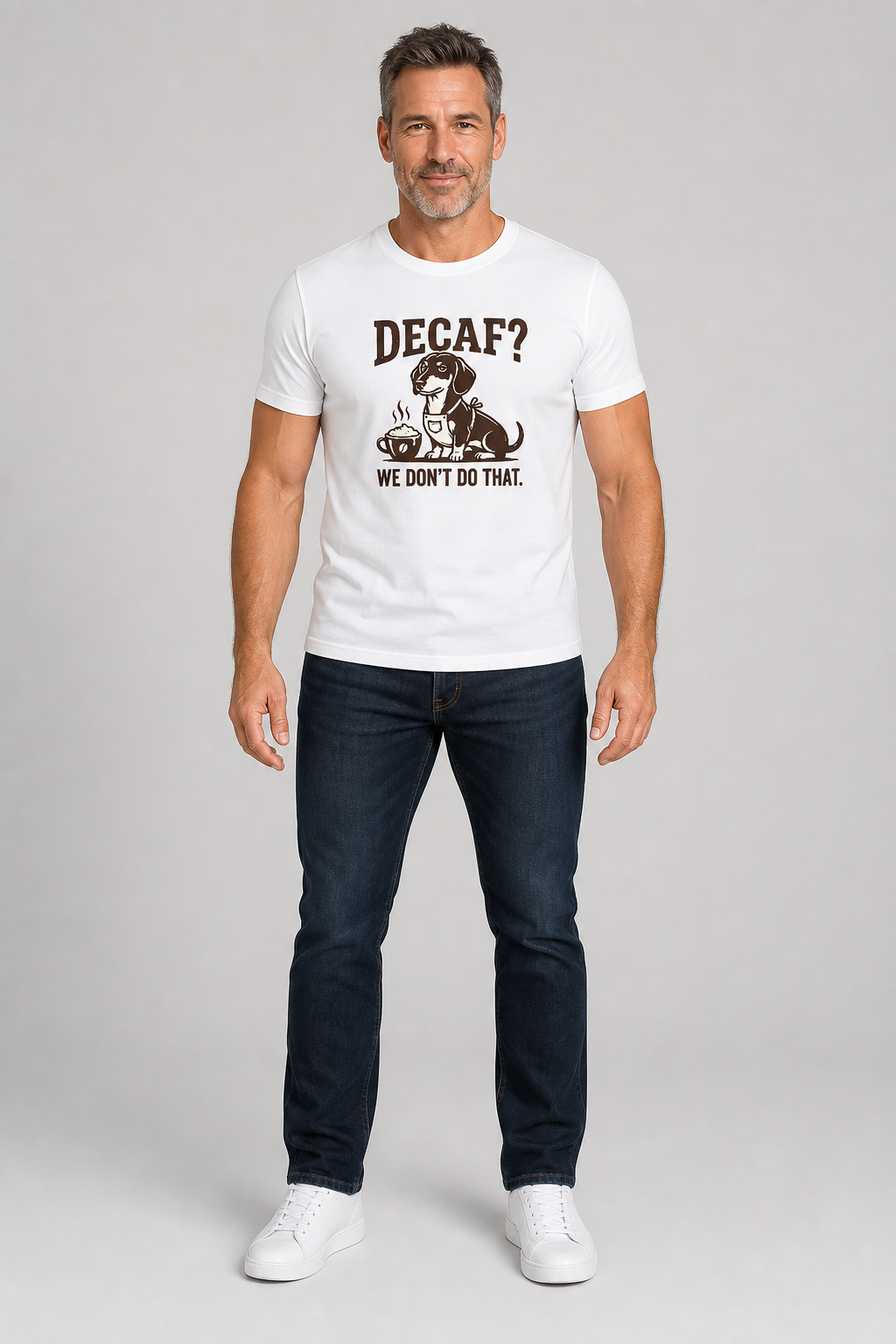 White t-shirt with Decaf We Don't Do That dachshund coffee print, unisex crew neck