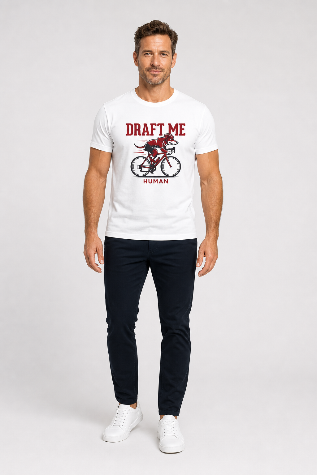 White t-shirt with Draft Me Human dachshund cycling print, unisex crew neck