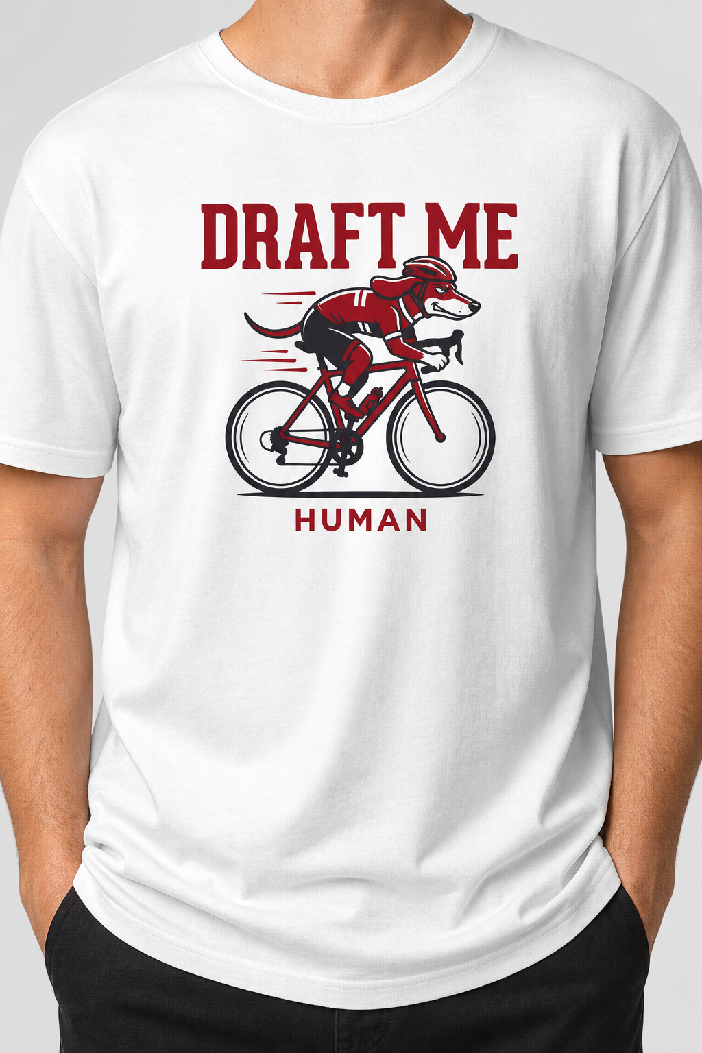 Woman wearing white Draft Me Human dachshund cycling t-shirt