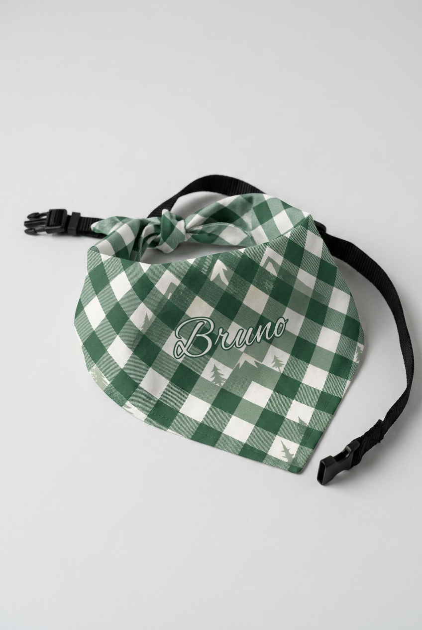 Green buffalo plaid personalized dog bandana with custom name, adjustable neck strap