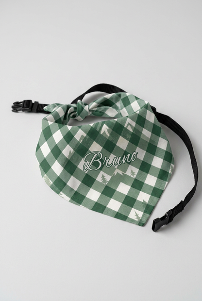 Green buffalo plaid personalized dog bandana with custom name, adjustable neck strap
