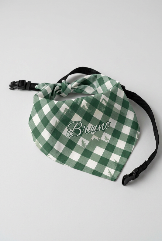 Green buffalo plaid personalized dog bandana with custom name, adjustable neck strap