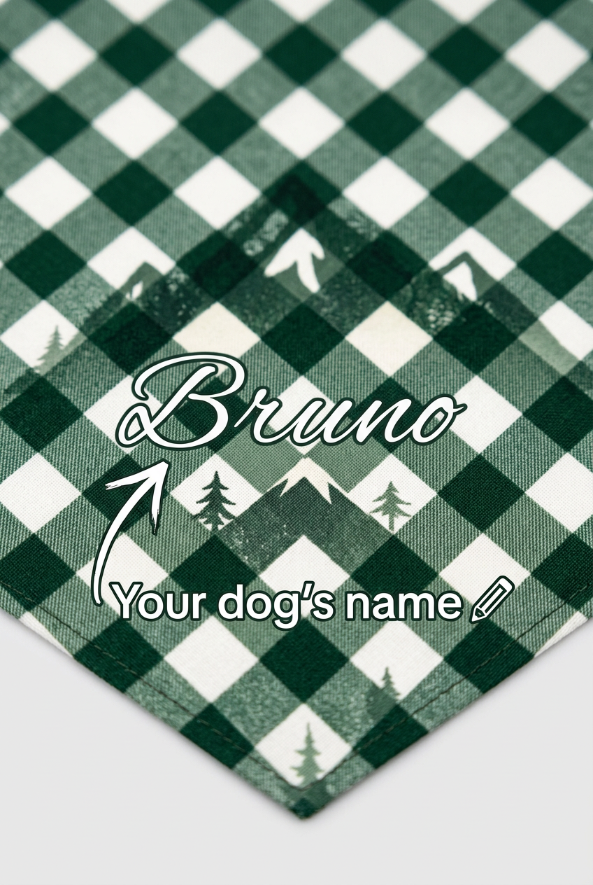Golden retriever wearing green buffalo plaid personalized dog bandana