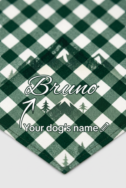 Golden retriever wearing green buffalo plaid personalized dog bandana