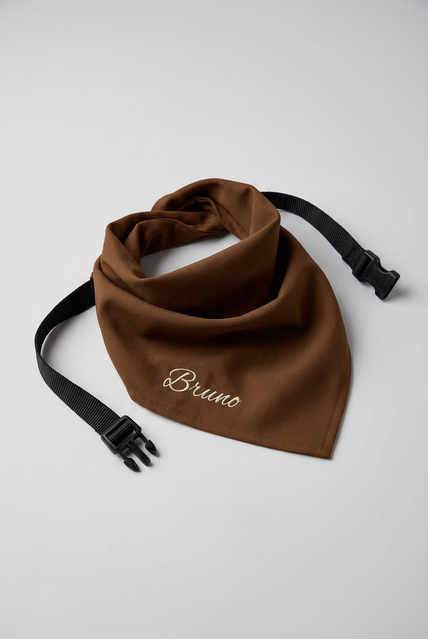 Brown personalized dog bandana with custom name print, adjustable neck strap