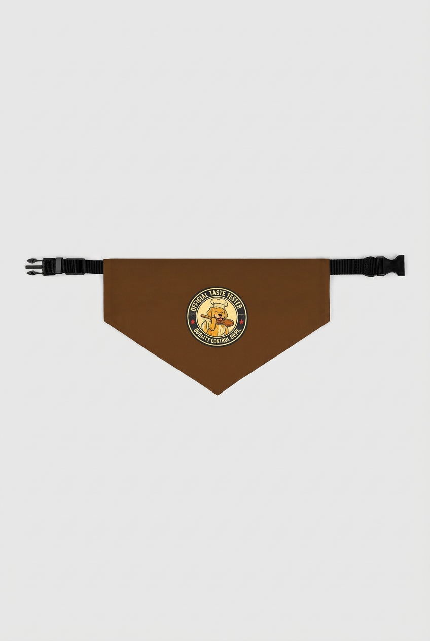Brown dog bandana with official taste tester print, adjustable neck strap