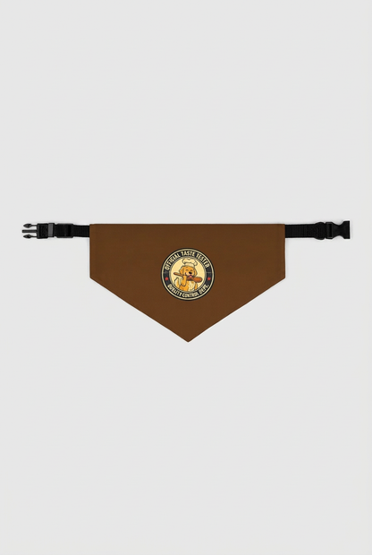 Brown dog bandana with official taste tester print, adjustable neck strap