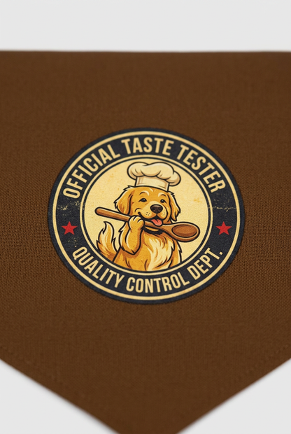 Official taste tester print detail on brown dog bandana, triangle panel