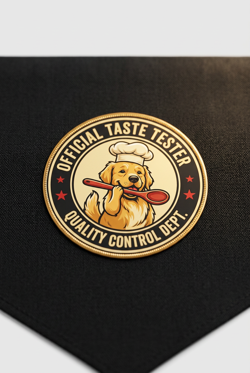 Official taste tester print detail on black dog bandana, snap buckle closure