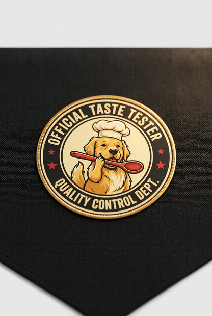 Official taste tester print detail on black dog bandana, snap buckle closure