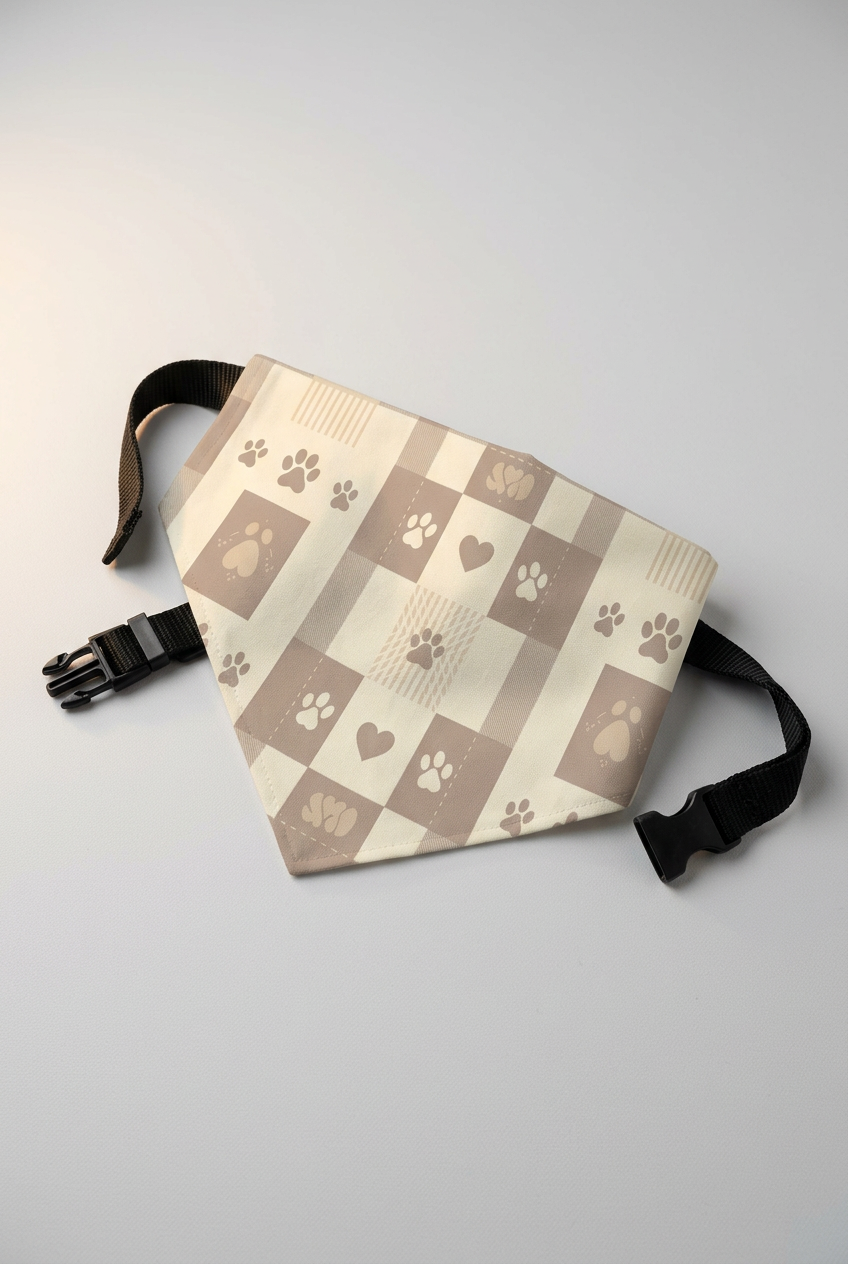 Neutral patchwork dog bandana with mixed print design, adjustable neck strap