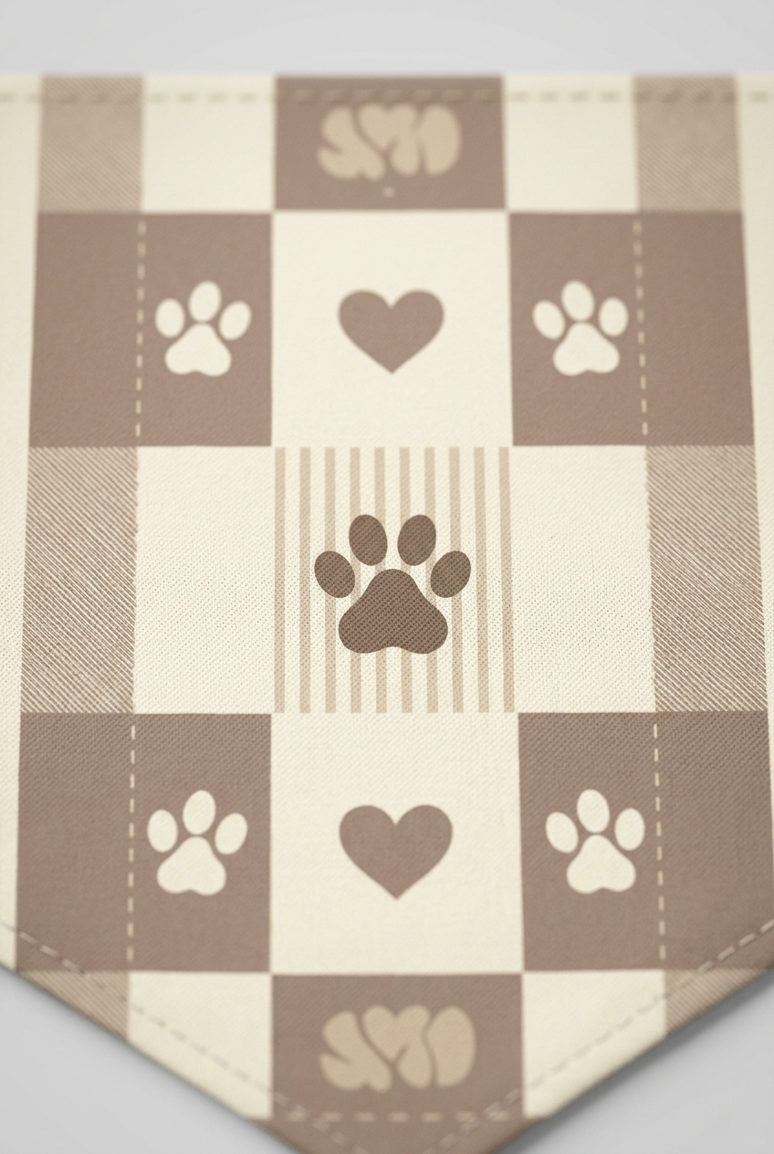 Patchwork print detail on neutral dog bandana, triangle panel