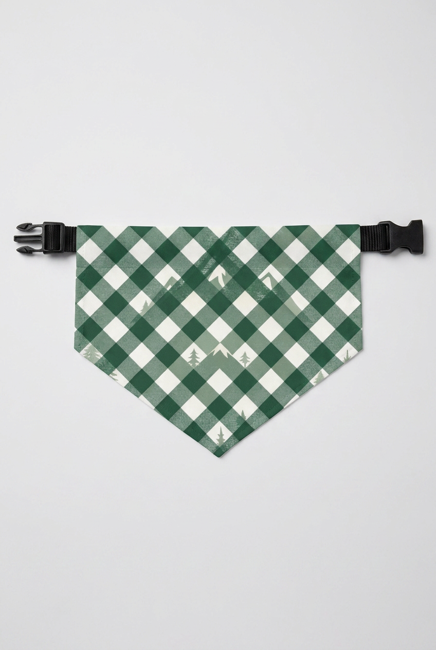 Green plaid dog bandana with forest print, adjustable neck strap